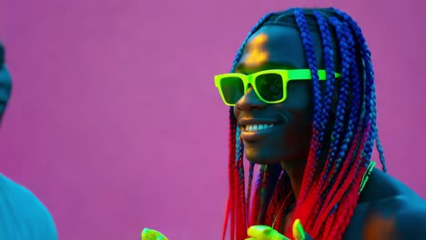 stylish man with colorful braids and neon sunglasses