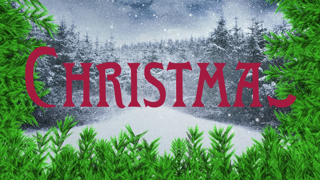 Letter C fading, red CHRISTMAS letters appearing as pine branches sliding framing snowy forest path
