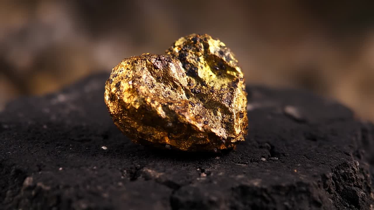 ひび割れた岩の上に置かれたハート型の金の塊を捉えたカメラが、焦点と光沢を変化させます。
