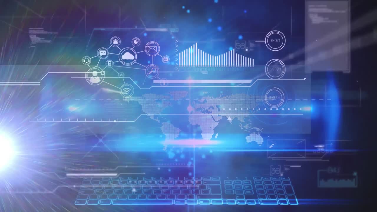 Spot of light against digital interface with data processing on blue background