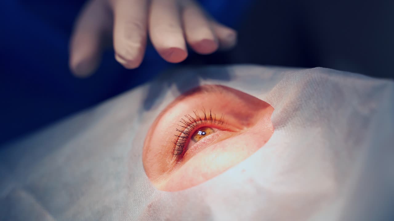 Patient eye treatment. Doctor performing eye surgery in modern clinic