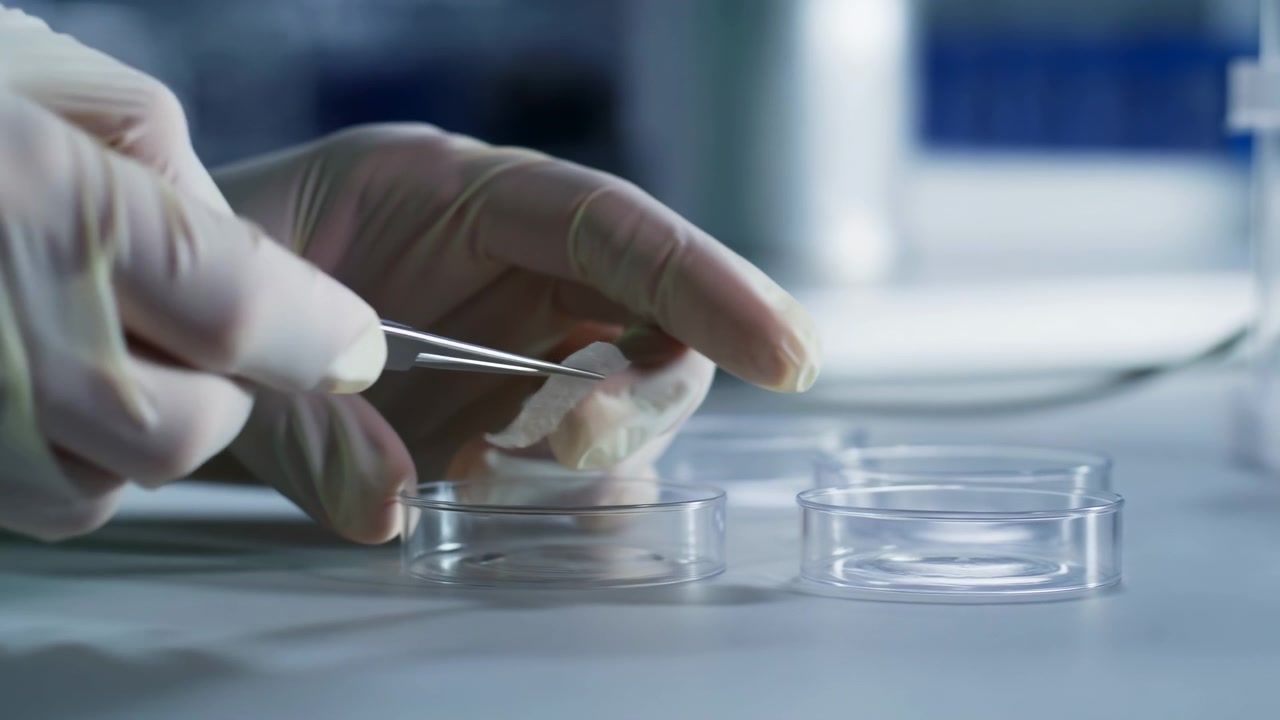 Close-up of gloved hands using tweezers to place and inspect samples above petri dishes on a clean laboratory table, with soft blue background blur and bright