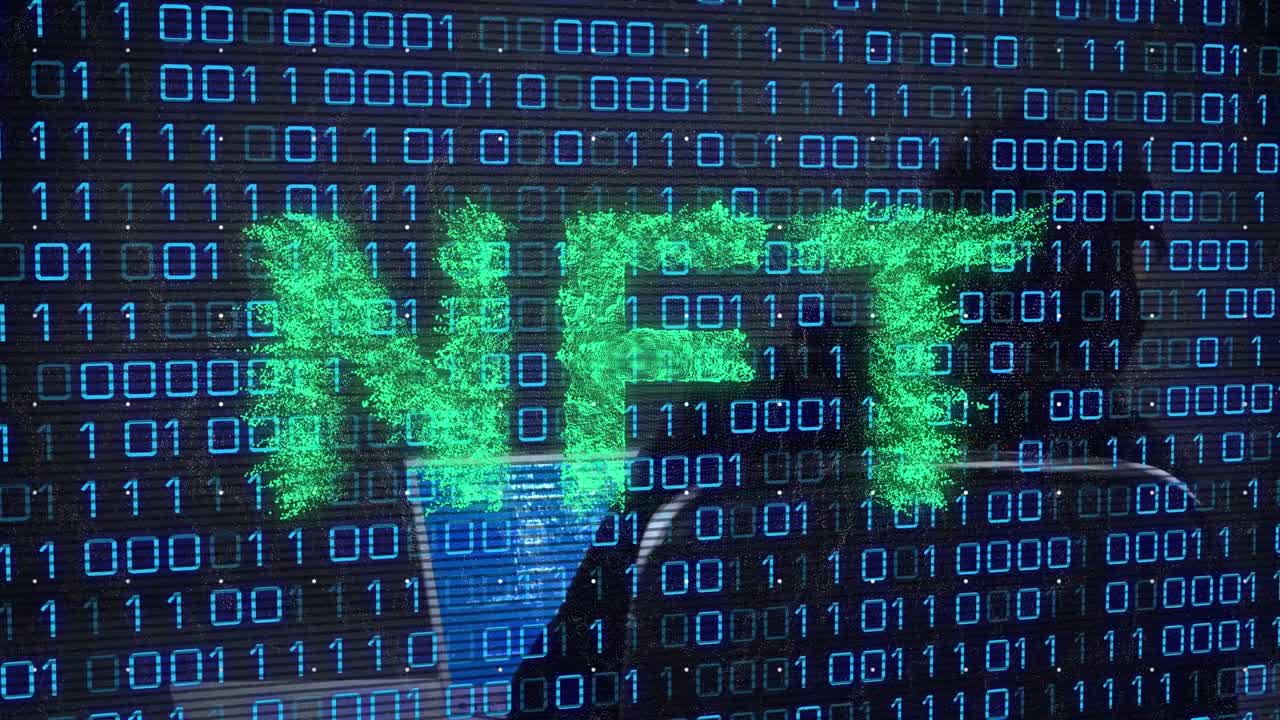 Animation of data processing and nft text over caucasian male hacker using laptop