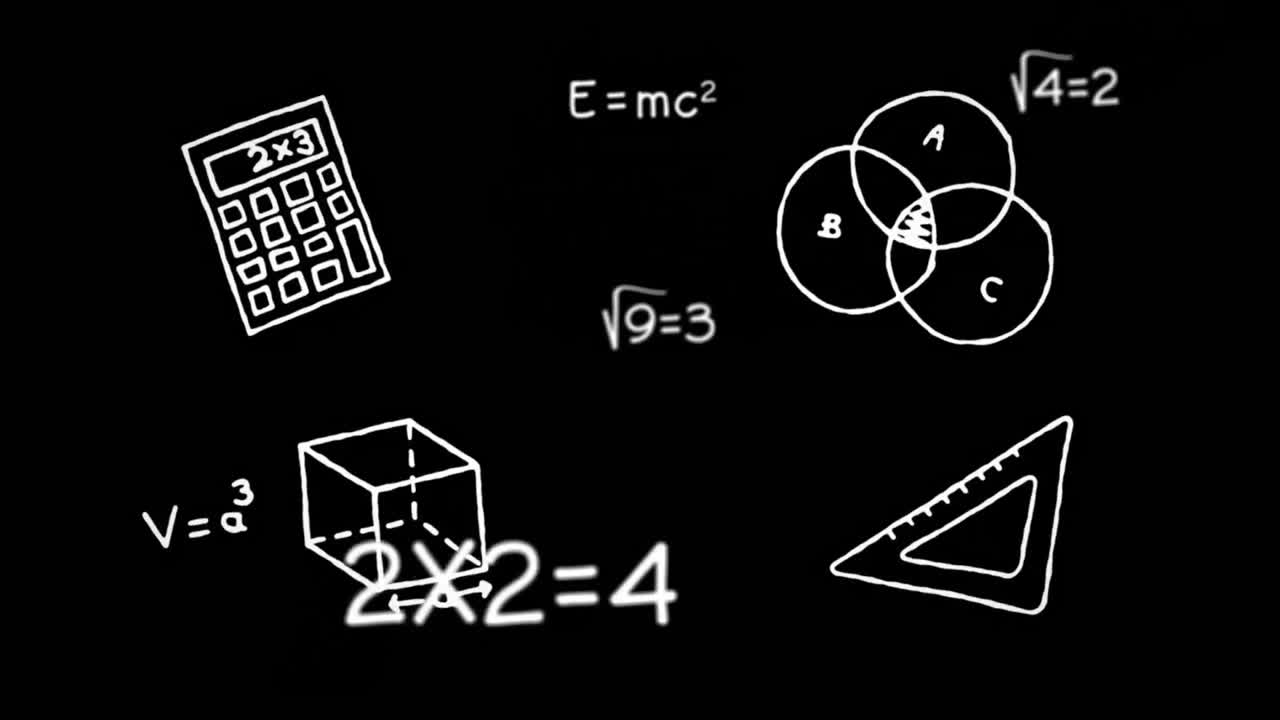 Mathematical icons against black background