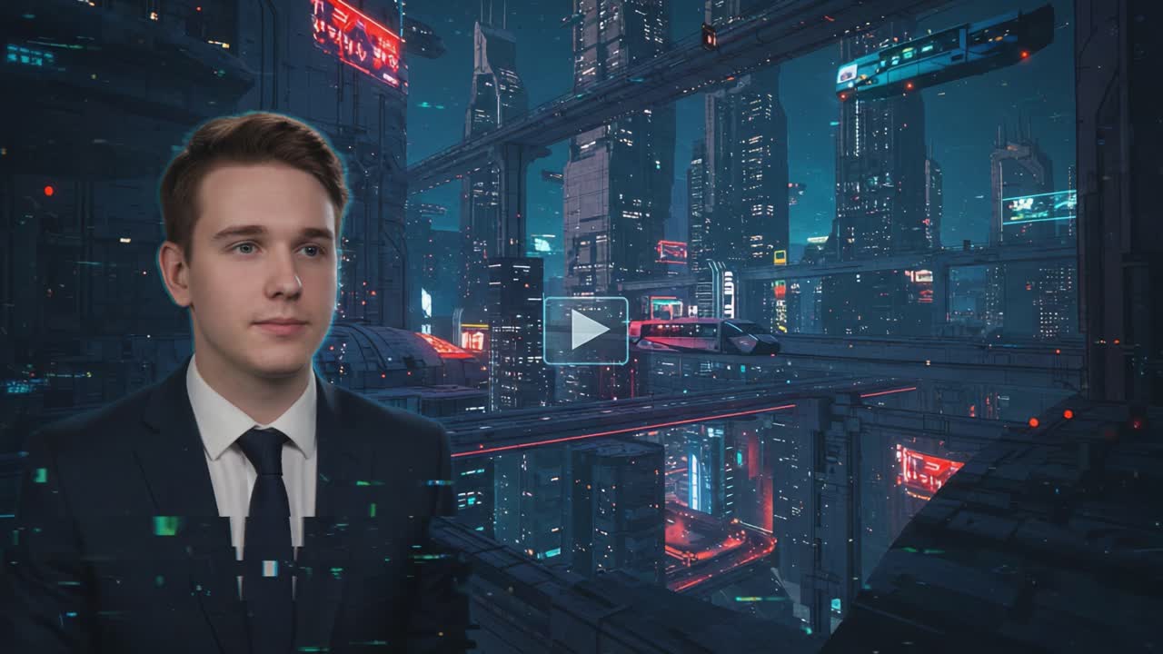 A futuristic urban landscape featuring an individual dressed in a suit, set against a backdrop of high-tech city architecture and vibrant digital advertisements