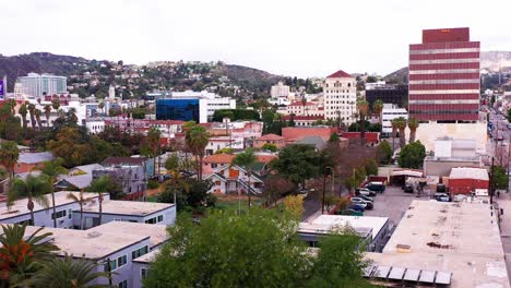 Low-rising-aerial-shot-of-downtown-Hollywood.-4K