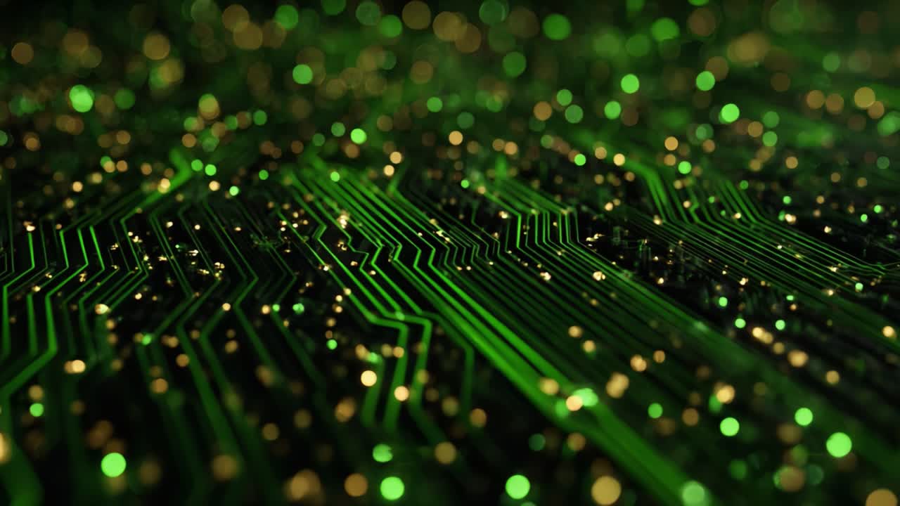 A Glimmering Array of Circuit Patterns: An Abstract Visual Marvel Showcasing the Intricate Design of Green Electronic Components and Light Reflections