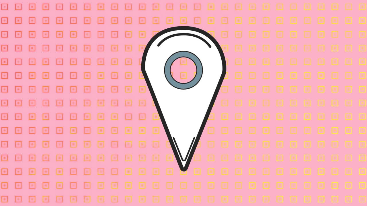 animación del icono del alfiler de ubicación contra formas abstractas en un patrón sin costuras contra un fondo rosa.