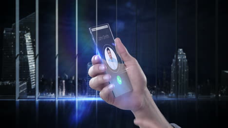 teléfono móvil futurista en la mano contra un fondo generado digitalmente
