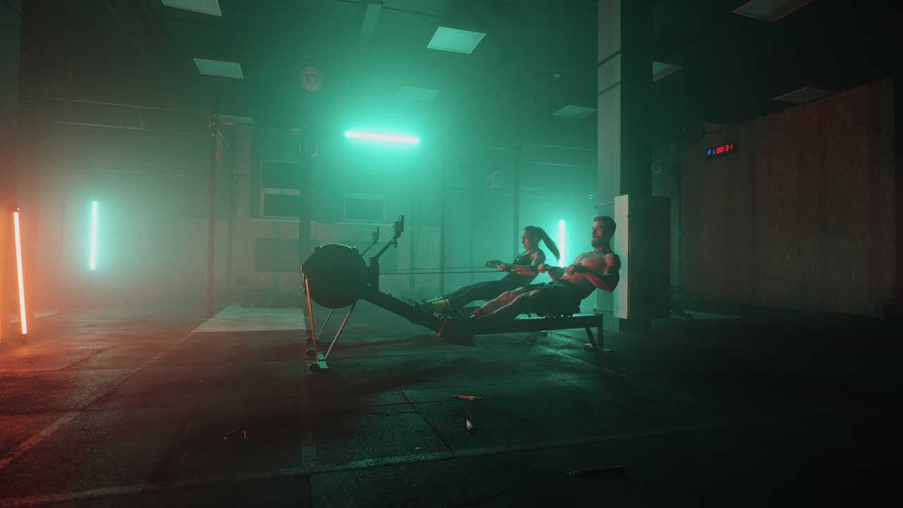 A man and a woman perform strong athletes perform exercises in the gym on a rowing machine in slow motion