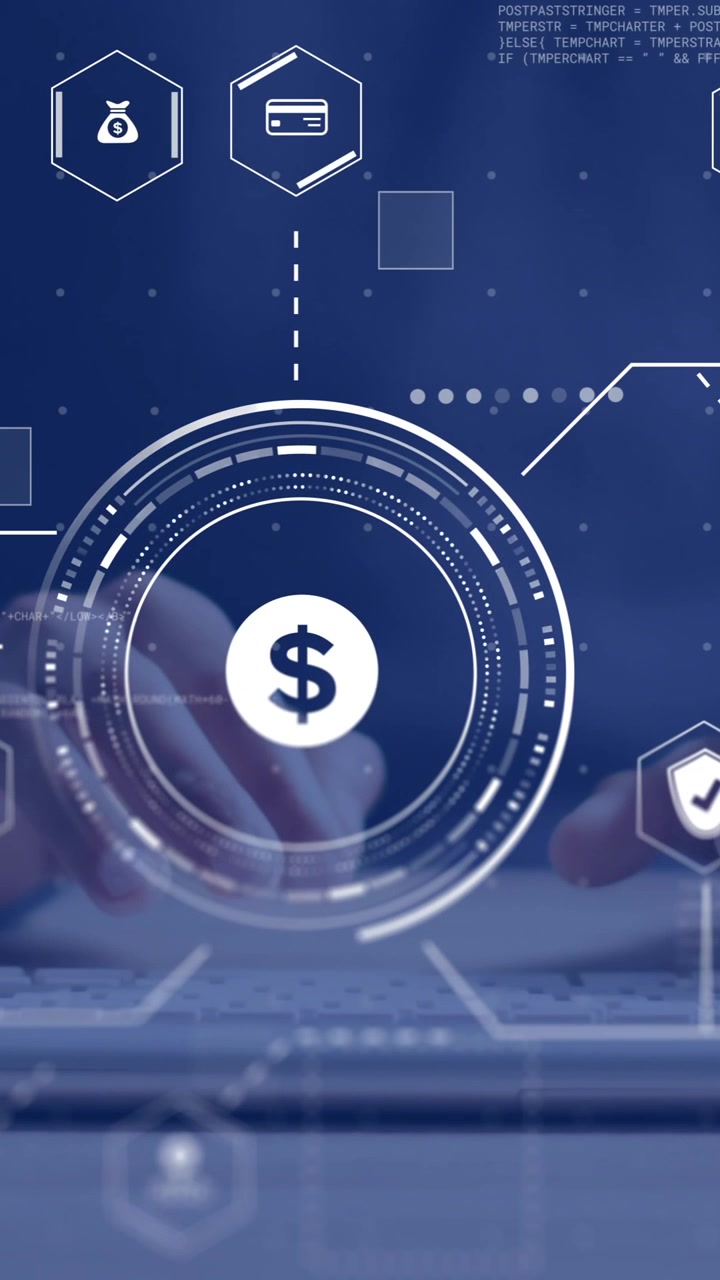 Animation of connections with business icons over businessman using laptop
