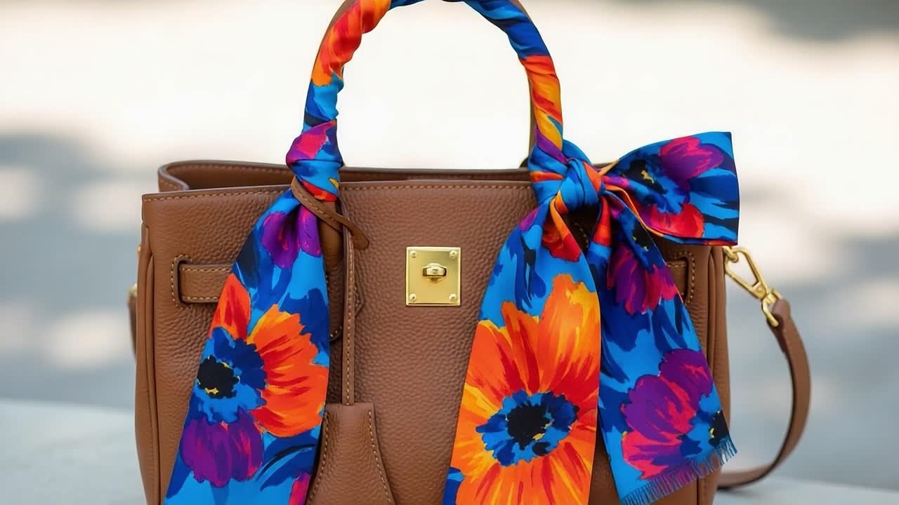 Una borsa in pelle chic elegantemente adornata con una vivace sciarpa floreale, perfetta per aggiungere un tocco di colore a qualsiasi completo o outfit di moda.