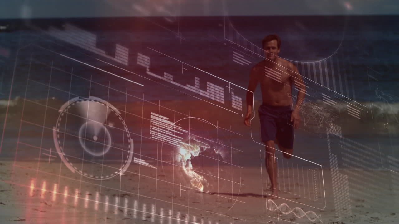 해변에서 달리는 적합한 사람에 대한 데이터 처리 애니메이션