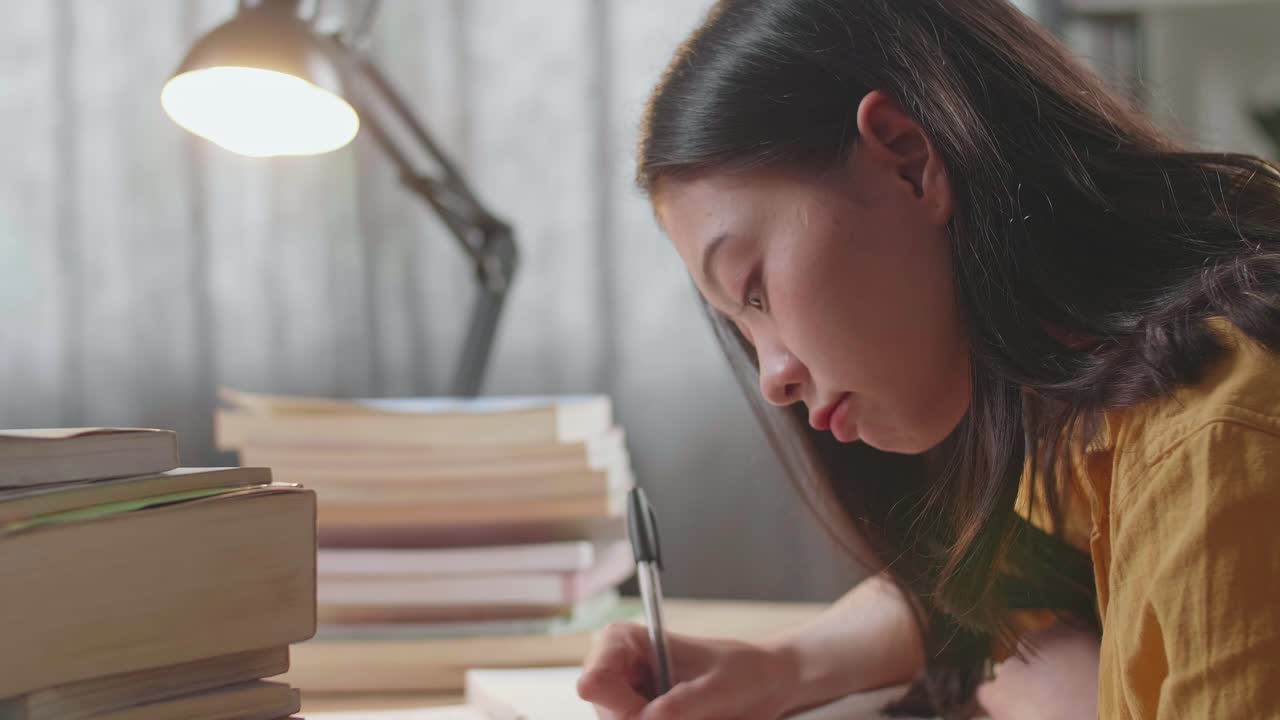 夜遅くまで勉強する女性