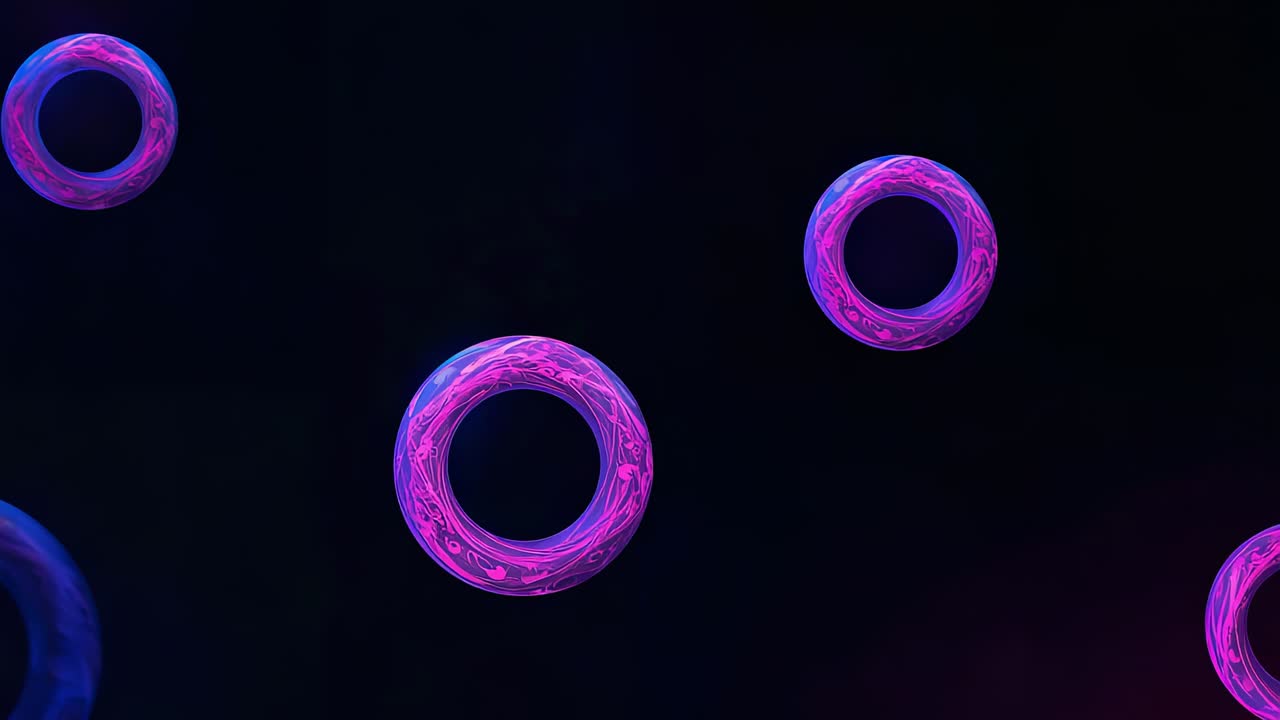 Loop, der starter med magenta torus-centrering, rotering og pulsering i mørkt tomrum med neonringe til looping