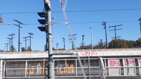 train station with graffiti and surrounding trees