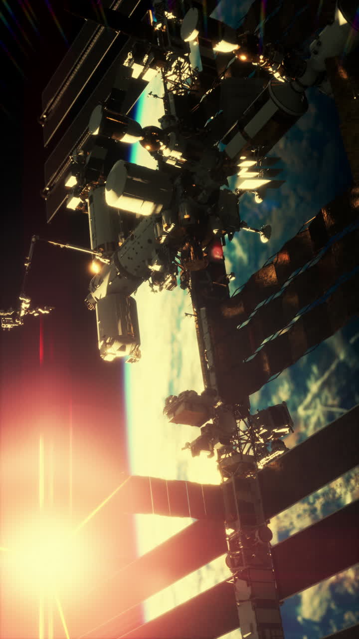 International space station orbits earth during a stunning sunrise