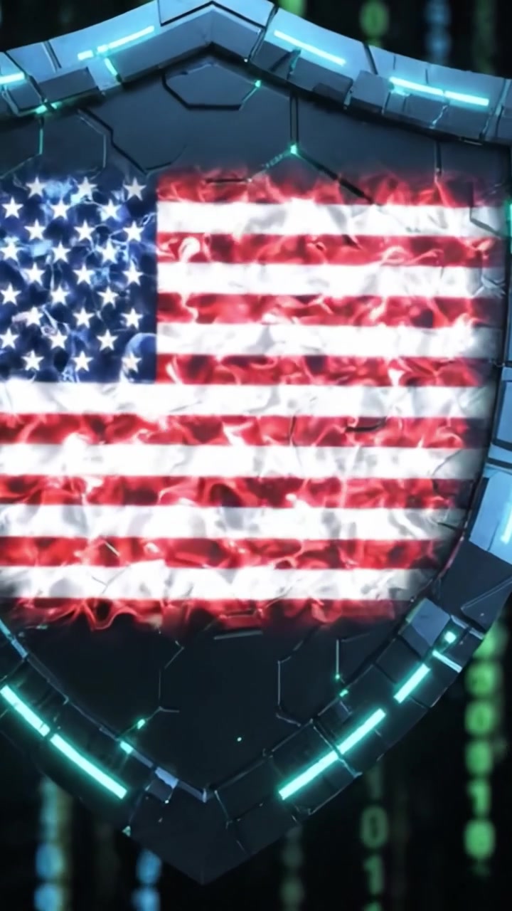 Digital Resilience: A Shield Graphic Featuring a Flag Design, Symbolizing Cybersecurity and National Defense in an Abstract Matrix Environment