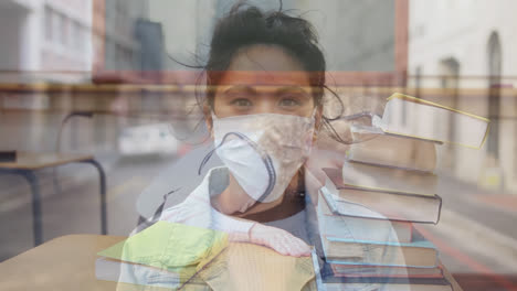 woman in face mask against girl using magnifying glass