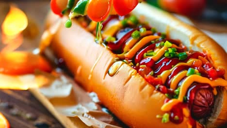 un perrito caliente con ketchup, mostaza y ketchup en un pan