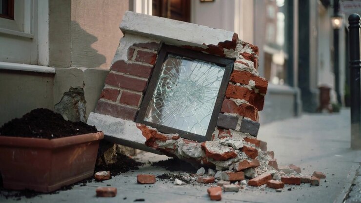 Shifting fallen brick section with small window frame on sidewalk, debris causing glass breaking