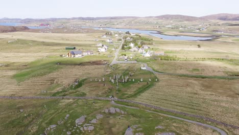 wide angle drone shot of the callanish standing stones on the isle of lewis, part of the outer hebrides of scotland