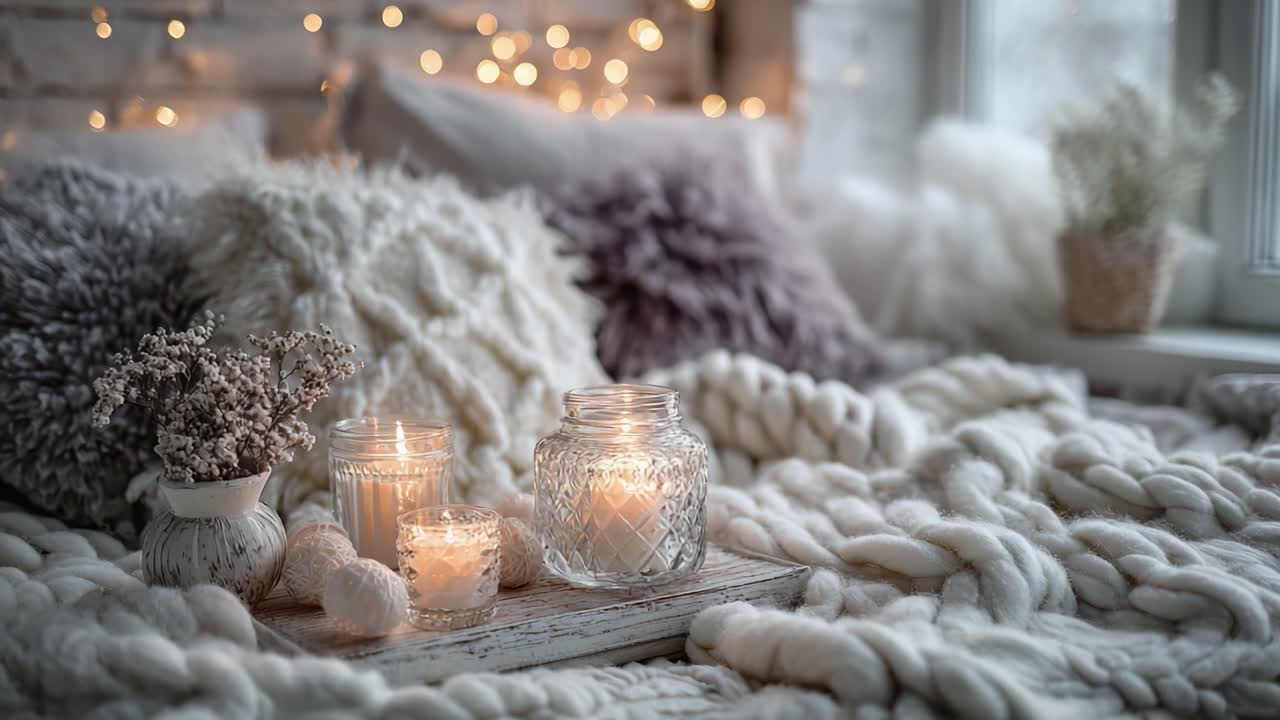 Scena Accogliente e Invitante di una Camera da Letto con Tessuti Morbidi, Luce Tremolante di Candele e Illuminazione Soffusa per un'Atmosfera Calda e Rilassante