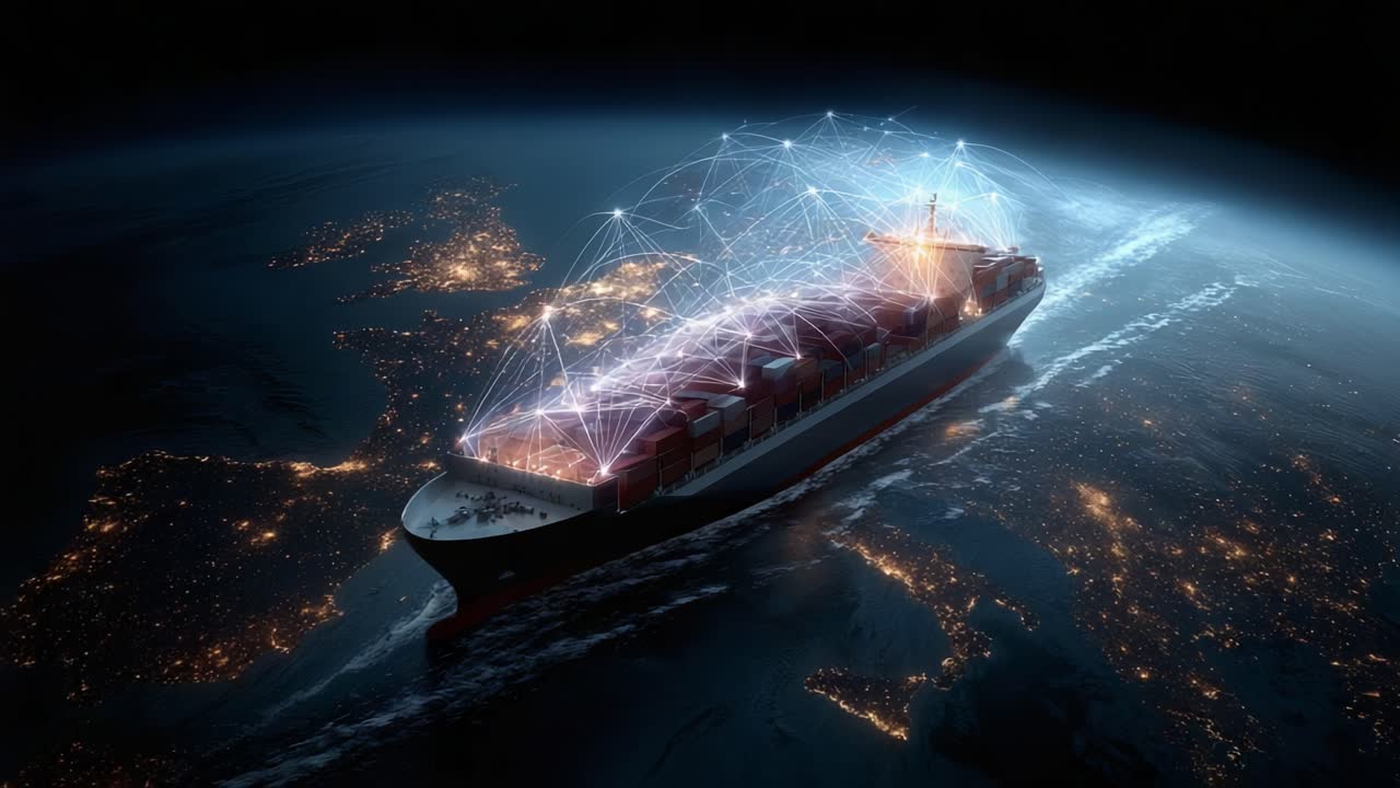 A Stunning View of a Cargo Ship Navigating Through the Night While Connected to a Global Network, Emphasizing Modern Maritime Technology and Trade Dynamics