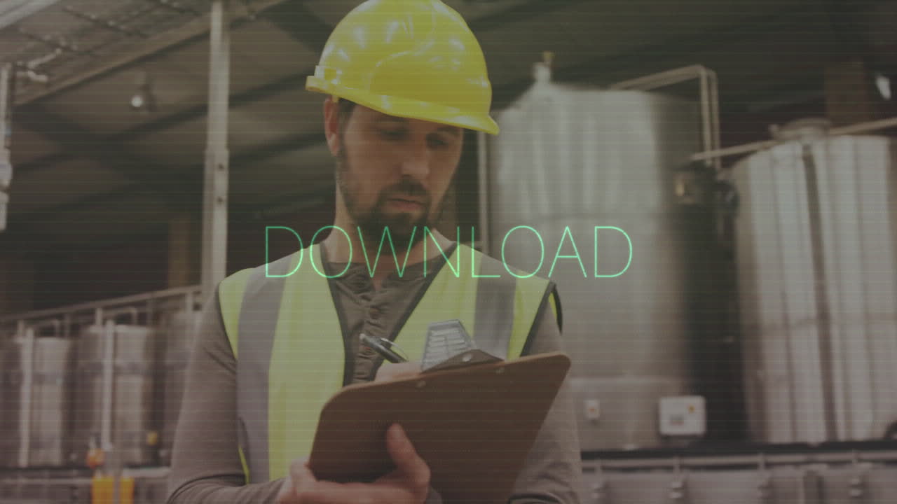 Worker in safety gear holding clipboard, DOWNLOAD text animation over industrial background