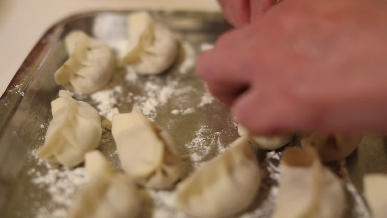 쟁반에 요리할 준비가 된 속을 채운 중국 교자 만두