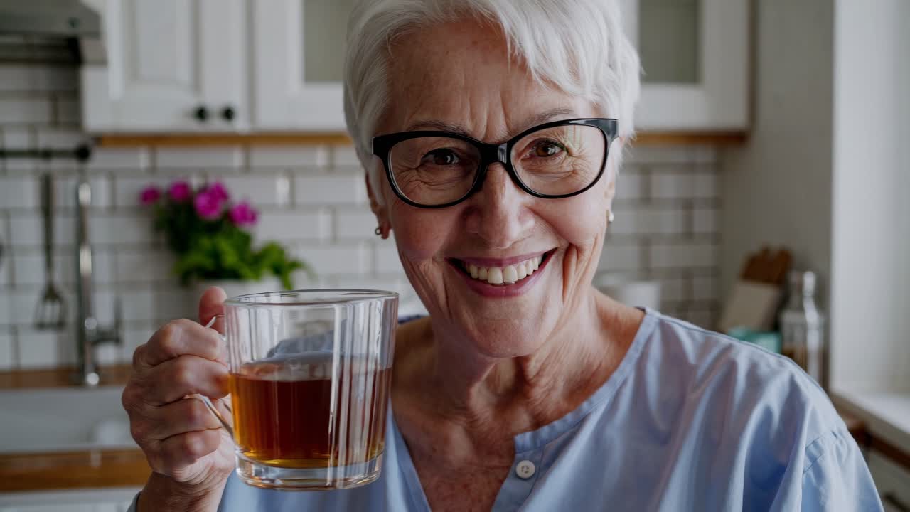 mujer mayor con gafas sonríe y sostiene una taza de té de vidrio transparente en una cocina brillante, creando una atmósfera cálida y reconfortante