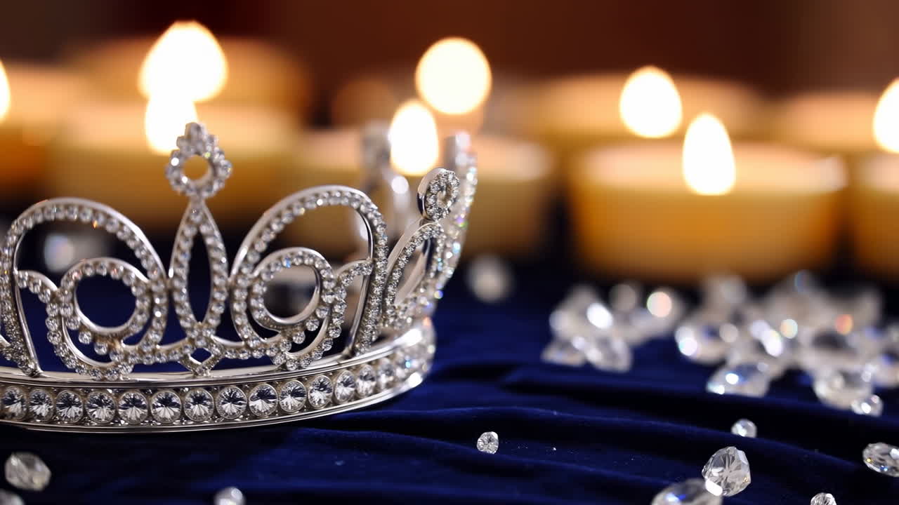 Corona d'argento su velluto blu navy, perline di cristallo sparse e accenti di diamante alla luce di candela, bagliore caldo della fiamma, morbido