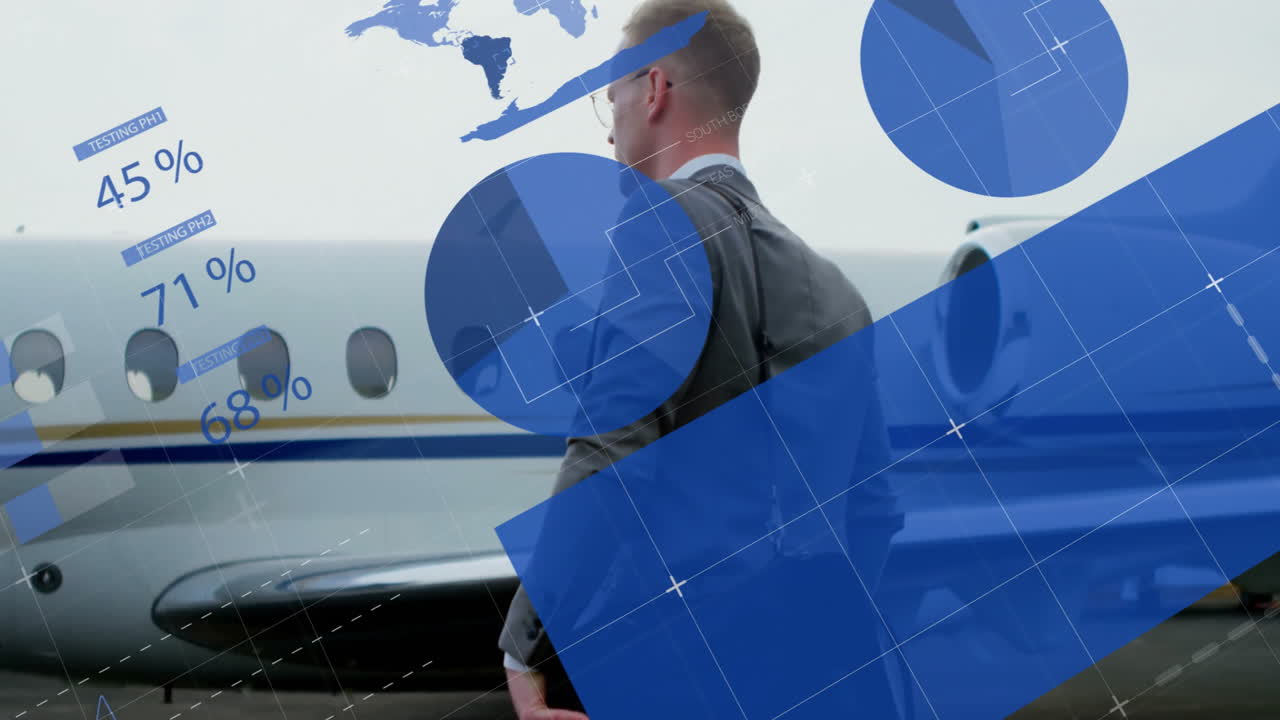 Businessman walking past private jet with financial data animation overlay