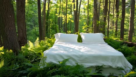 a bed in the middle of a lush green forest