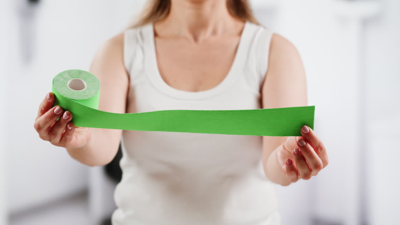 Kinesiology medical taping, doctor Physical therapist applying elastic surgical tape to patient body, treating injured knee young athlete.Post traumatic rehabilitation, sport physical therapy recovery