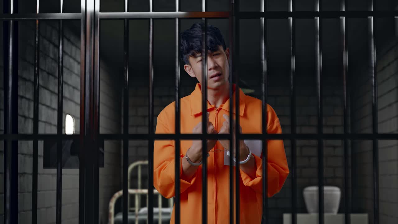 수갑에 인 아시아 남성 수감자는 감옥에 서서 손가락으로 자신을 가리키고 화를 내며 머리를 흔들며 무언가에 대해 의심하고 있습니다.
