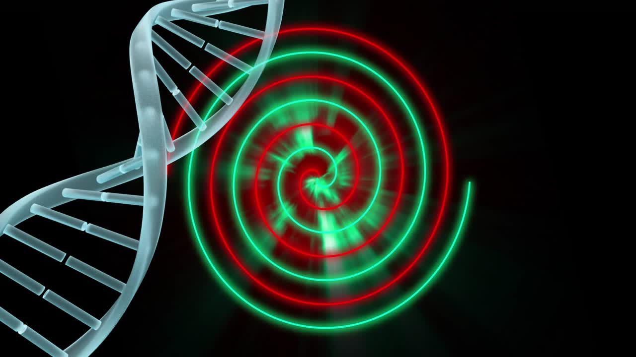 Green burst forming beside DNA double helix starting arcs spiraling and reversing showing gene data