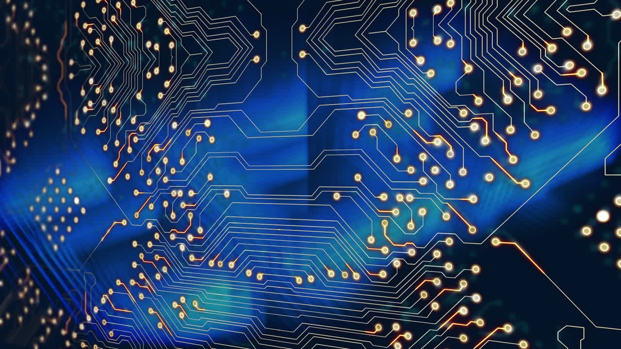 animación digital de las conexiones del microprocesador sobre rastros de luz azul contra un fondo azul