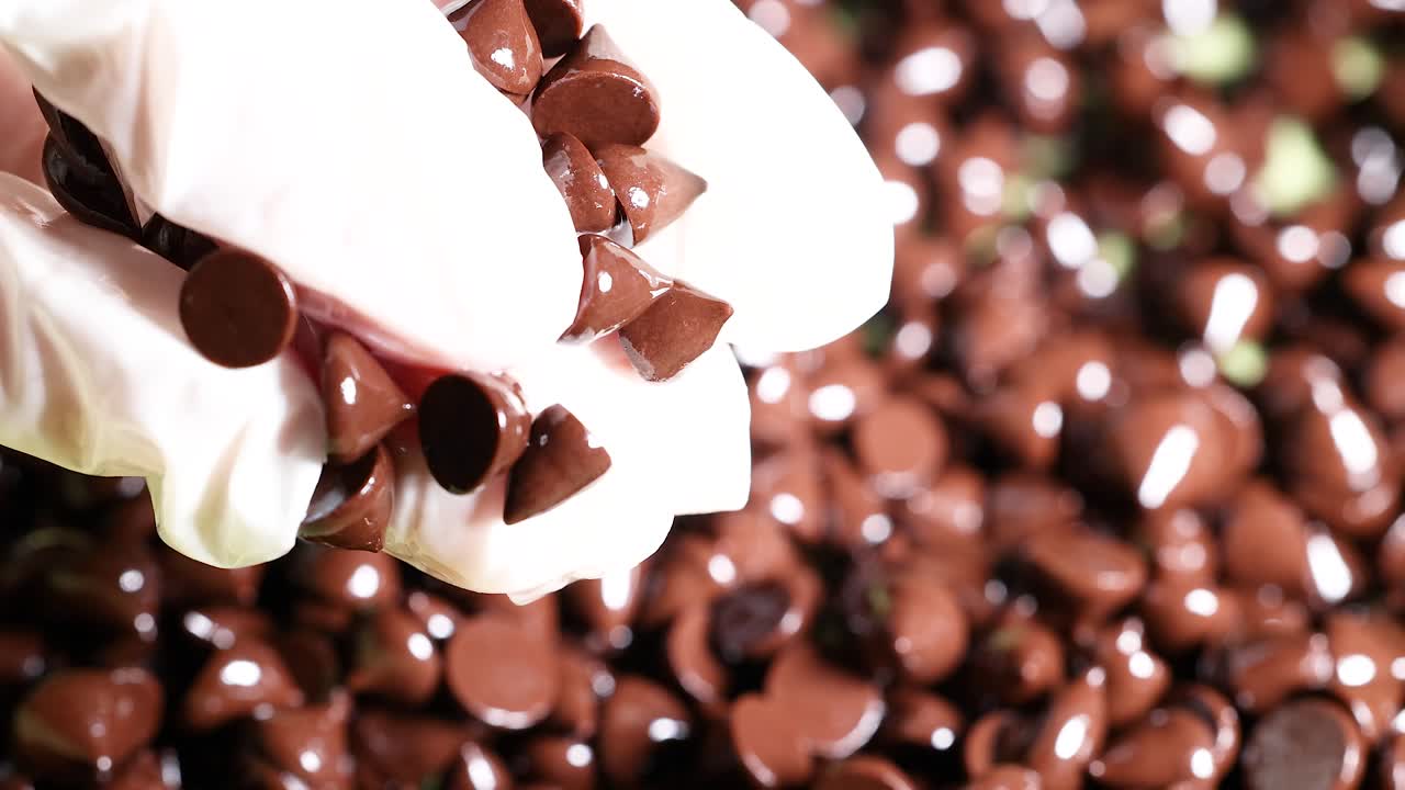 manos con guantes clasificando con cuidado las fichas de chocolate