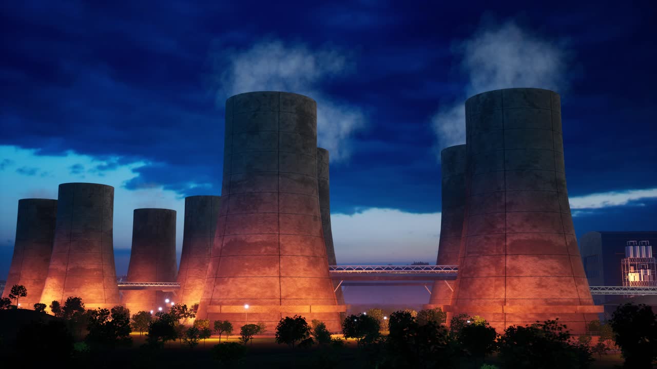animación 3d de una planta de energía nuclear.