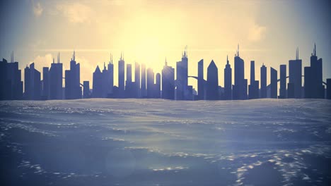 Cityscape-skyline-ocean-rising-sea-level-silhouette-skyscraper-future-climate-4k