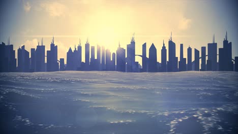 cityscape skyline ocean rising sea level silhouette skyscraper future climate 4k