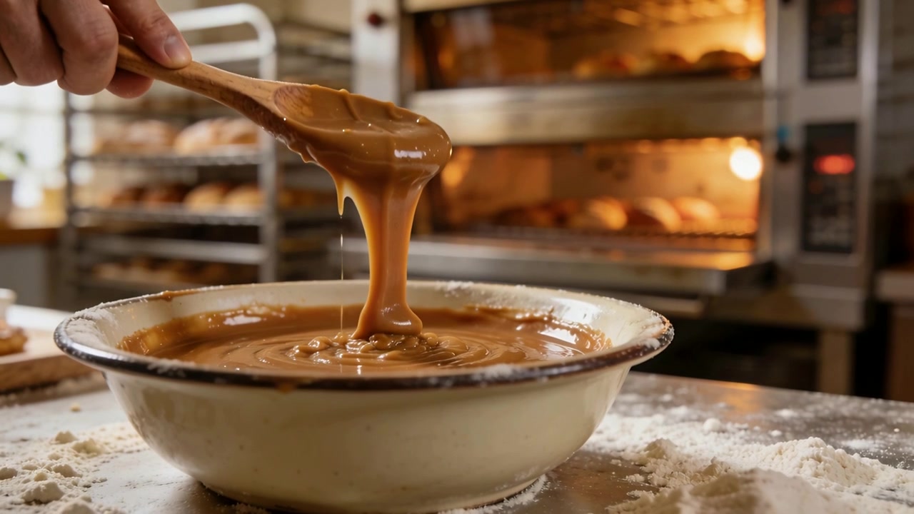 Mano di un pasticcere che immerge un cucchiaio per testare il caramello, sollevandolo da una ciotola smaltata sopra un bancone in metallo in una pasticceria