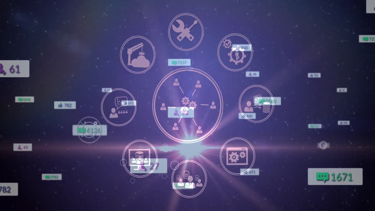 Animation of glowing light with network of social media icons and numbers