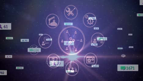 animation of glowing light with network of social media icons and numbers