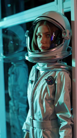 young woman in astronaut suit under neon lights