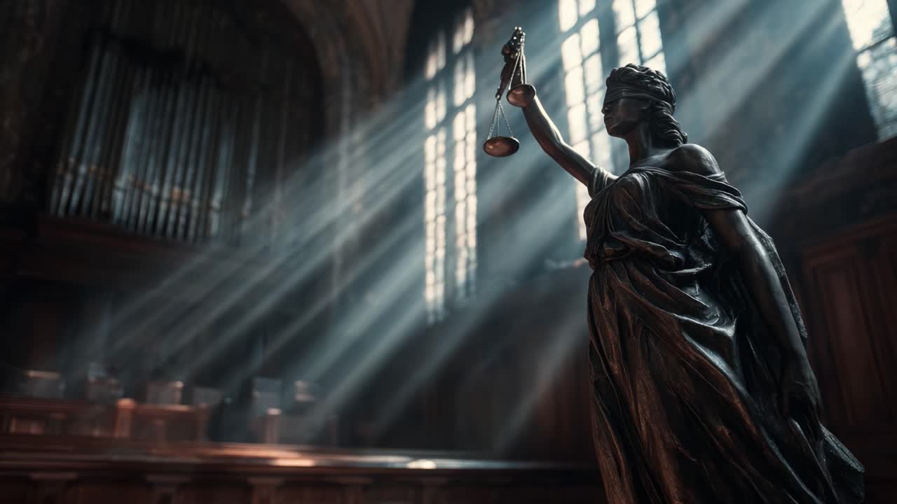 A Majestic Representation of Justice: A Statue Holding Scales Illuminated by Sunlight in a Grand Courtroom, Symbolizing Fairness, Integrity, and Law