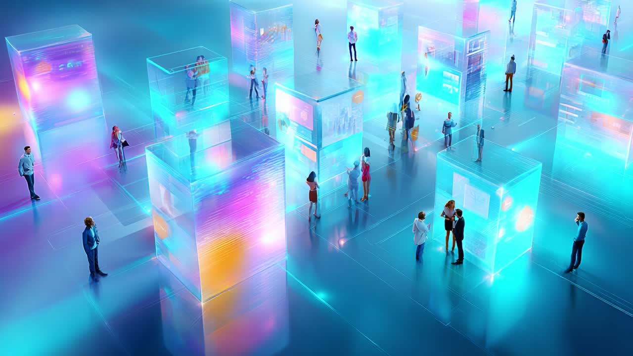 An Engaging Digital Landscape with People Interacting among Colorful Transparent Cubes in a Futuristic Environment, Showcasing Technology, Communication, and Connectivity