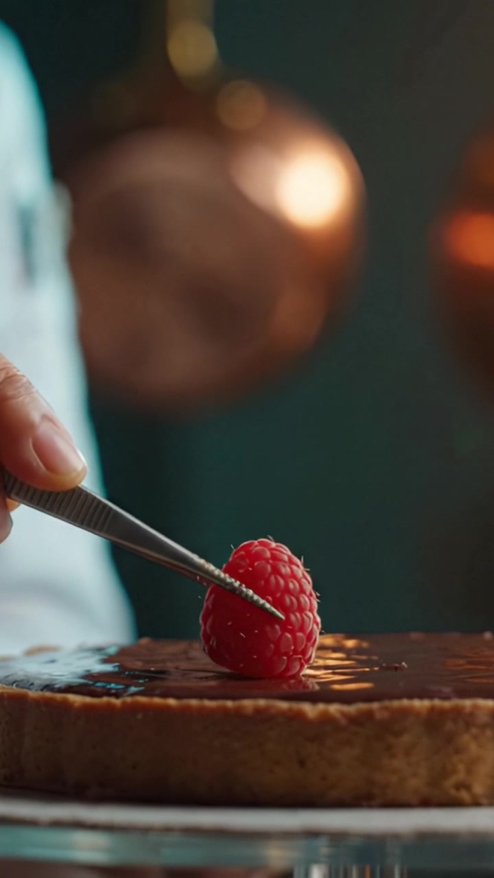 A Beautifully Plated Chocolate Tart with Fresh Raspberries Being Perfectly Decorated in a Professional Kitchen Setting