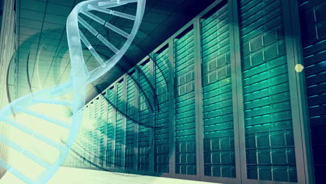 animation of spinning dna against data server